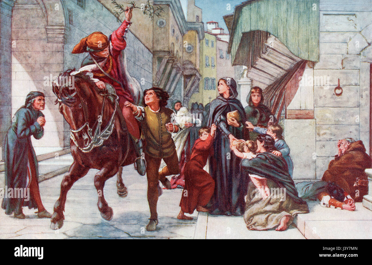 Ce qui porte la nouvelle de secours à Florence, Italie en 1496 pendant la Première Guerre d'Italie 1494-98. La guerre opposait Charles VIII de France, qui avait l'aide initiale Milanese, contre le Saint Empire Romain, l'Espagne, et une alliance des puissances italienne dirigée par le pape Alexandre VI. L'histoire de Hutchinson de l'ONU, publié en 1915. Banque D'Images