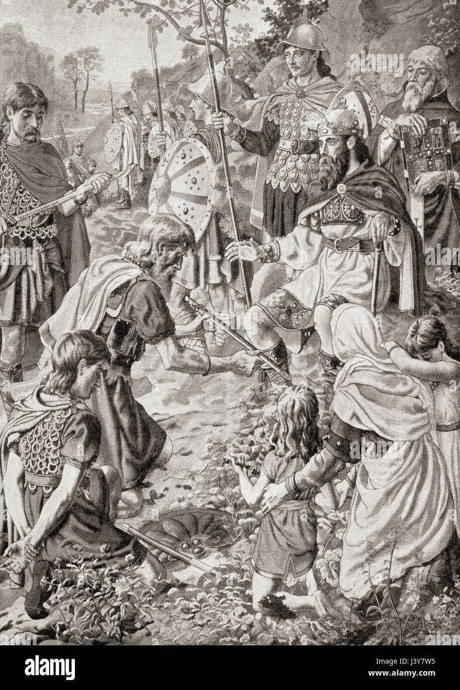 La défaite de Guthrum par Alfred le Grand après la bataille d'Edington en 878. Guthrum ou Guðrum est mort, c. 890. Roi des Vikings danois. Alfred le Grand, 849 - 899. Roi du Wessex de 871 à 899. L'histoire de Hutchinson de l'ONU, publié en 1915. Banque D'Images