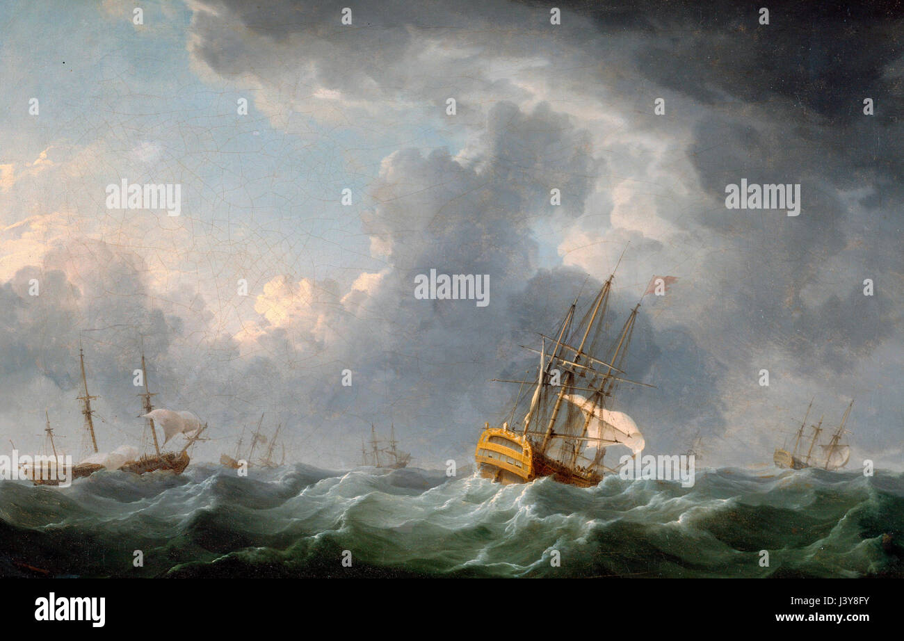 Les navires anglais d'exécution avant une gale - Charles Brooking - vers 1750 Banque D'Images