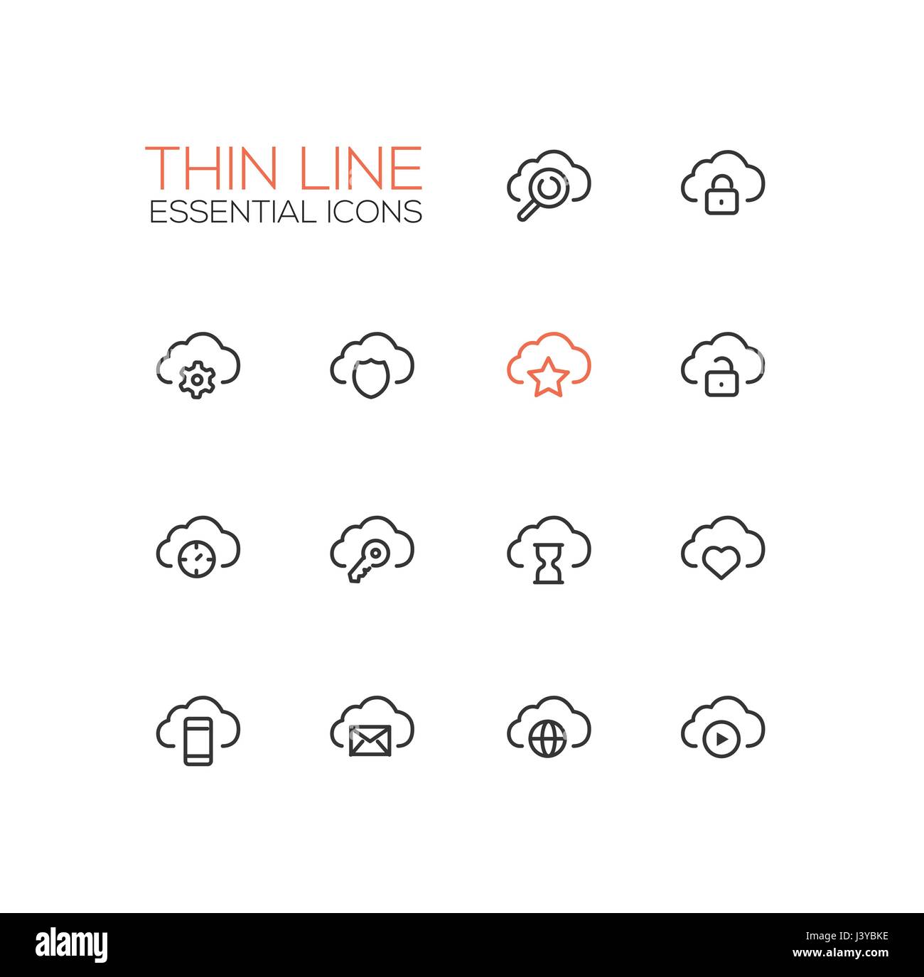 Les nuages avec des symboles - moderne unique vecteur ligne mince icons set Illustration de Vecteur