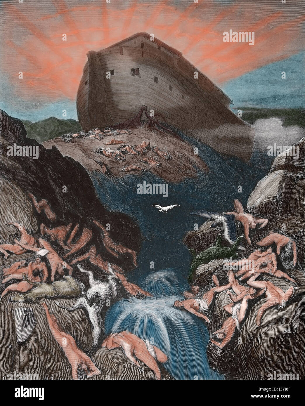 La colombe a envoyée depuis l'arche. La Genèse. Sainte Bible Illustration par Gustave Dore. 19e siècle. Banque D'Images