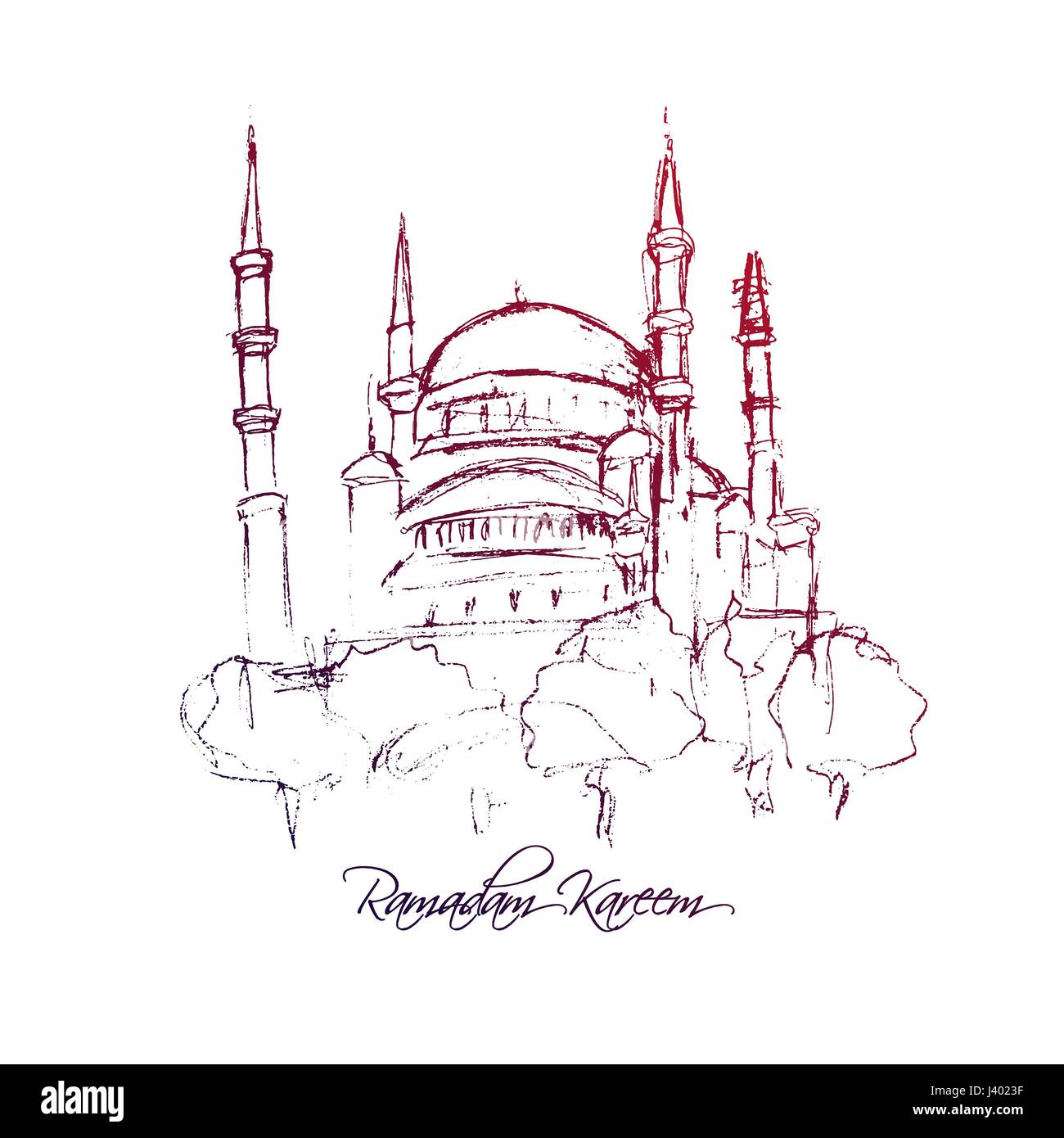 Croquis de la tour de la mosquée avec le Ramadan Kareem texte calligraphie, fête traditionnelle, l'architecture d'ossature, dessin à l'encre ou crayon violet sur blanc retour Illustration de Vecteur