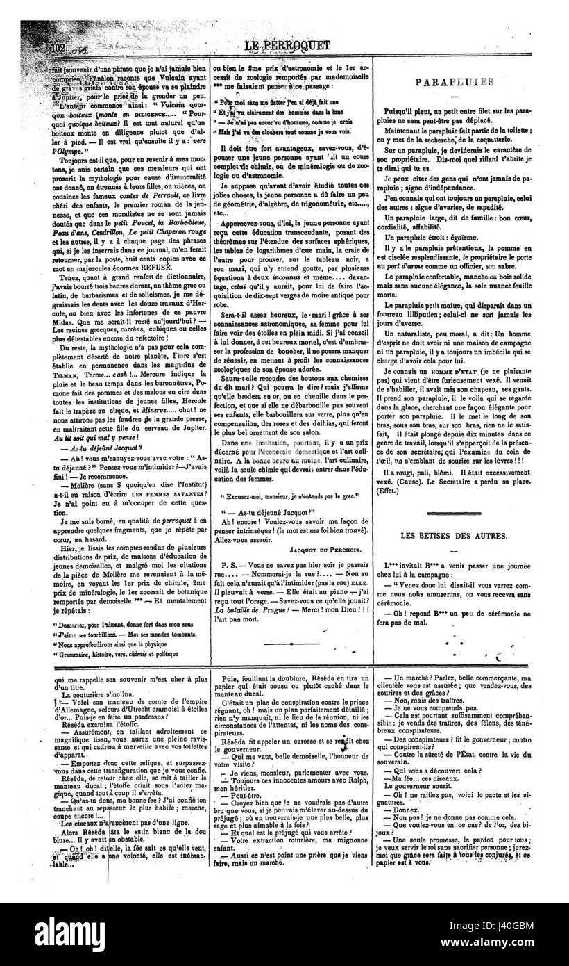 'Le perroquet' est une publication périodique, probablement axée sur des sujets tels que la littérature, la culture, ou l'art. Les points d'entrée du numéro 26, page 2, suggèrent un contenu précis dans le numéro qui peut inclure des discussions artistiques ou littéraires. Banque D'Images