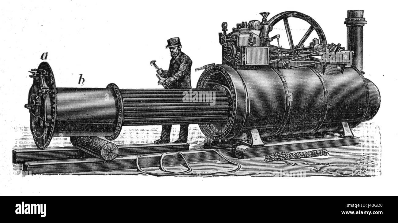 L'image représente une chaudière de lancement avec sa chambre de combustion retirée, probablement de la collection Brockhaus. Une chaudière de lancement fait partie d'un système de moteur à vapeur, couramment utilisé dans les petits navires, où le foyer chauffe l'eau pour générer de la vapeur pour la propulsion. Banque D'Images