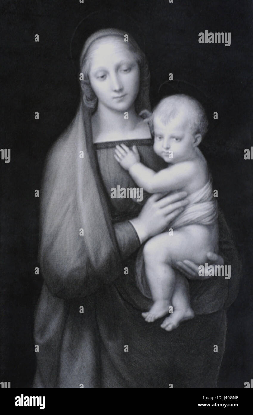 Madonna Del Granduca est une peinture de la Renaissance de Raphaël, représentant la Vierge Marie tenant l'enfant Jésus. L’œuvre est reconnue pour sa délicate représentation de la maternité et de la sérénité divine. Banque D'Images