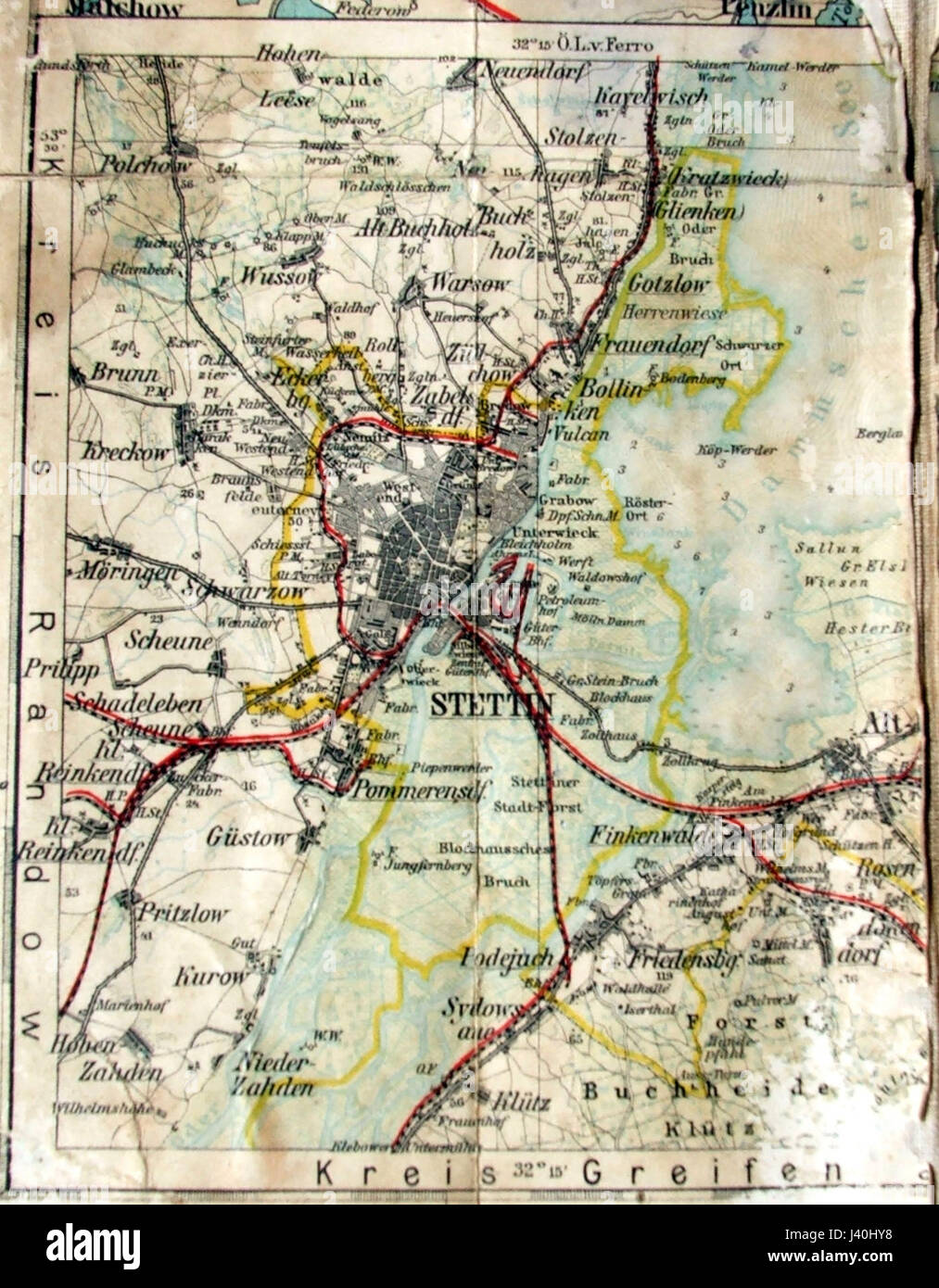 Cette carte historique montre Pomorze (Poméranie) avant la seconde Guerre mondiale, avec un accent sur la région de Stettin. Il fournit des informations géographiques et politiques pertinentes pour la région pendant la période d'avant-guerre. Banque D'Images