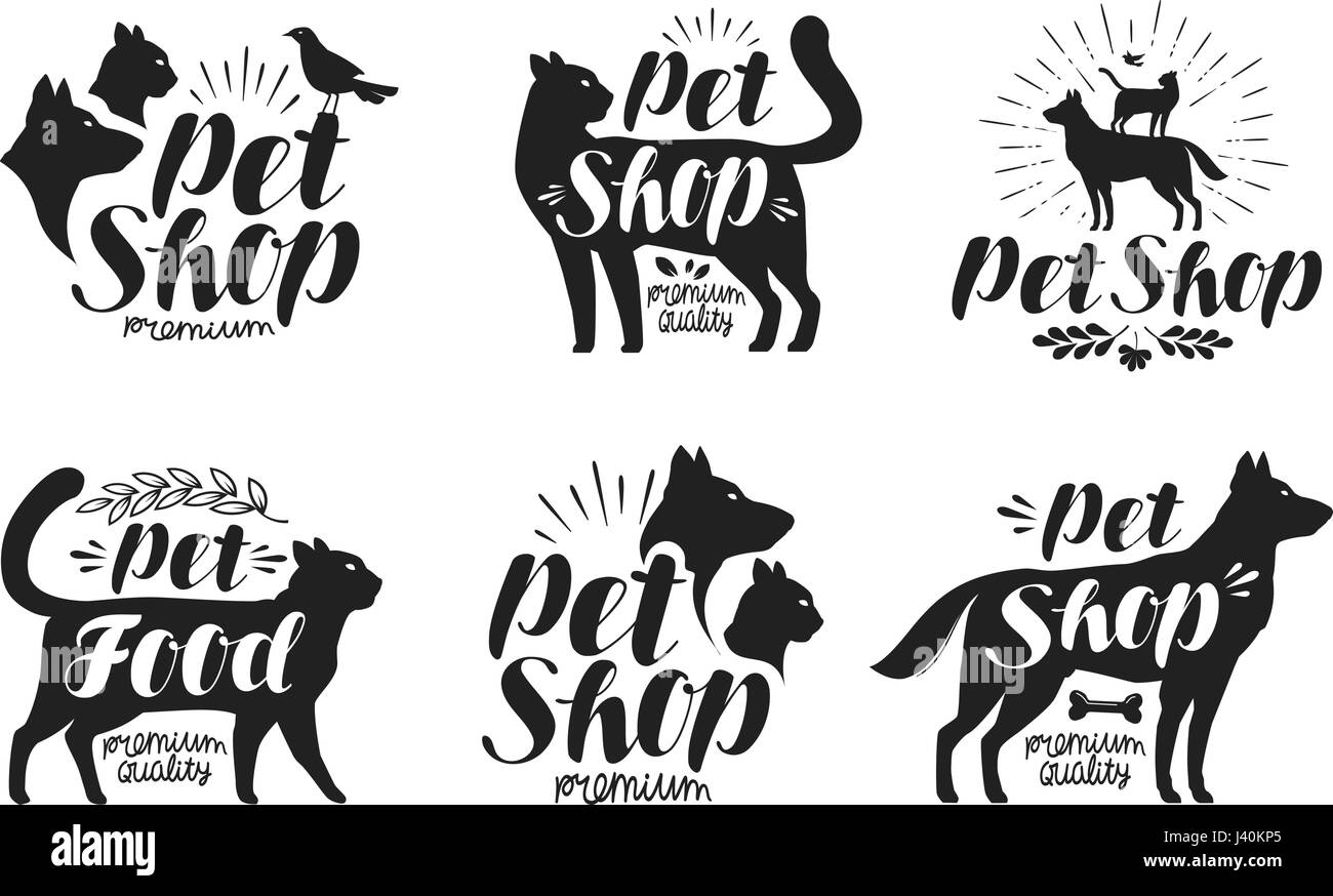 Pet Shop, jeu d'étiquettes. Les animaux, chien, chat, perroquet symbole ou logo. Vector illustration lettrage Illustration de Vecteur