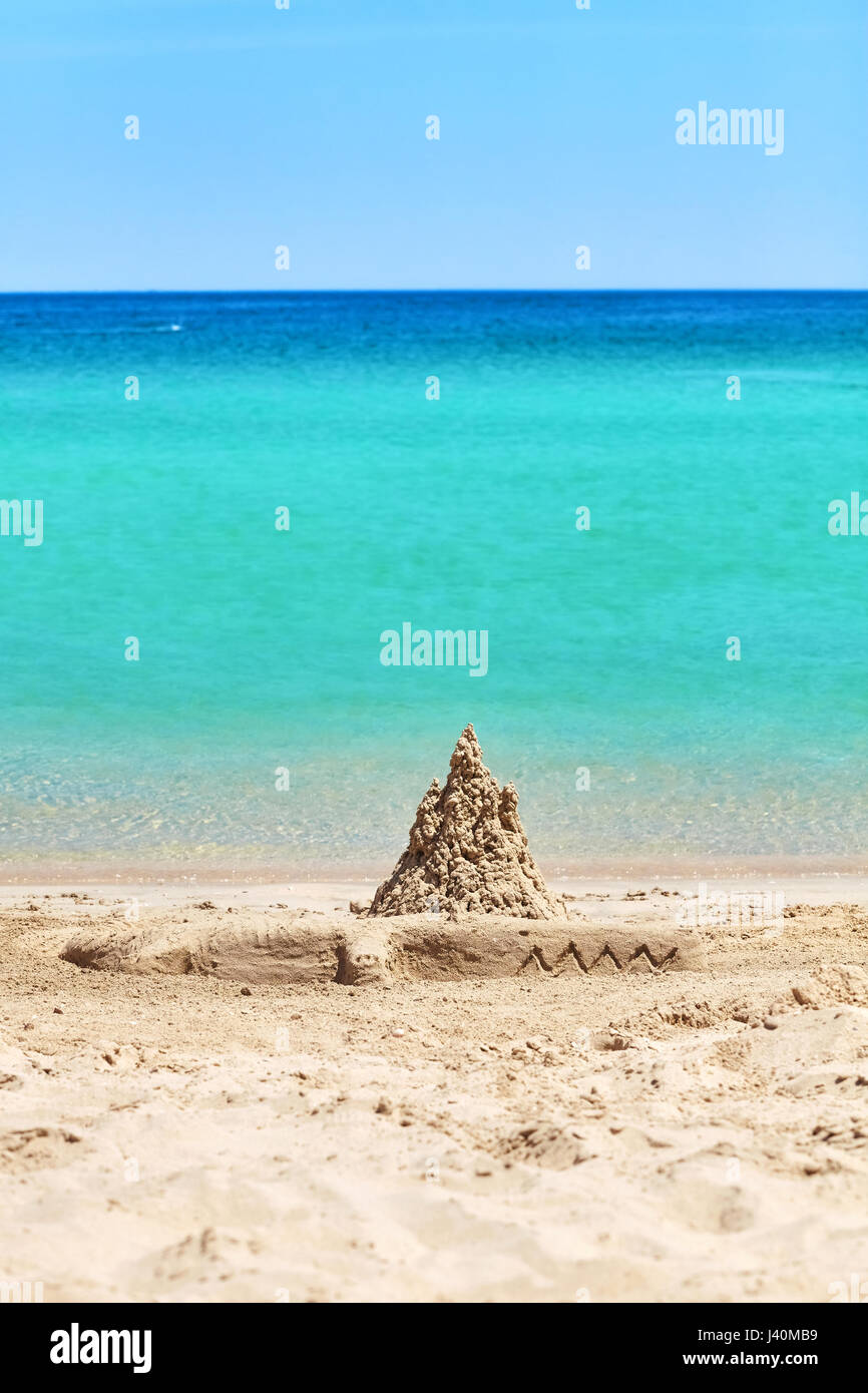 Château de sable et crocodile sculpture sur plage, des vacances d'concept. Banque D'Images