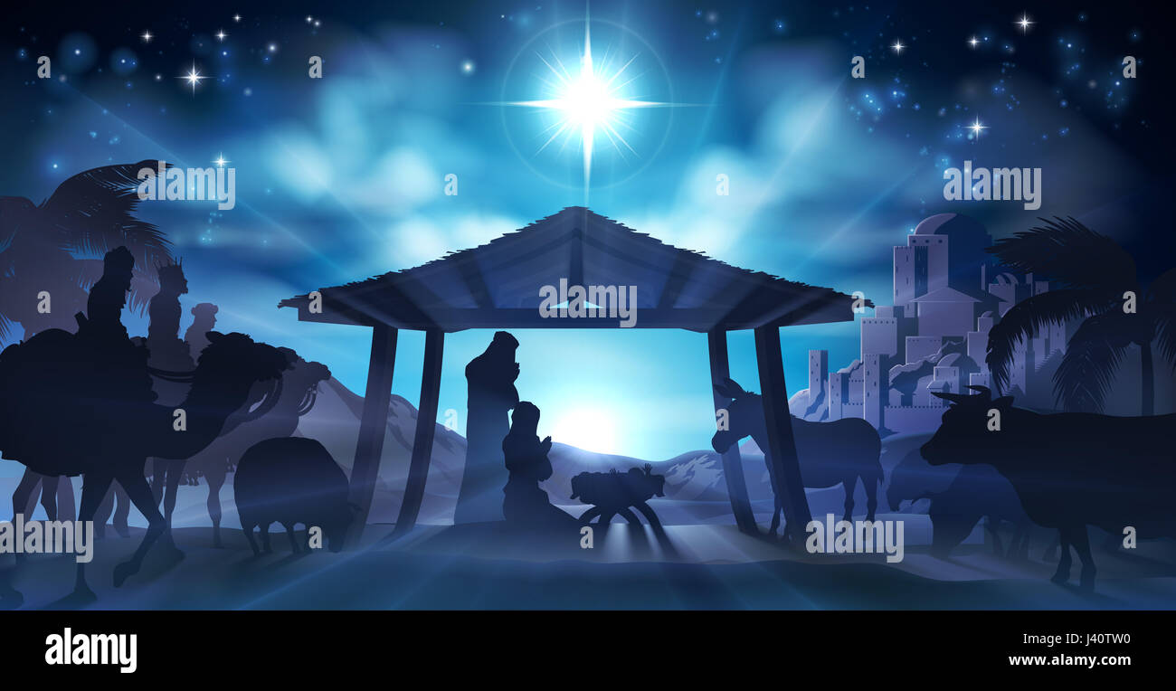 Christian Noël crèche de l'enfant Jésus dans la crèche avec Marie et Joseph en silhouette entouré par les animaux et les trois hommes sages mages wi Banque D'Images