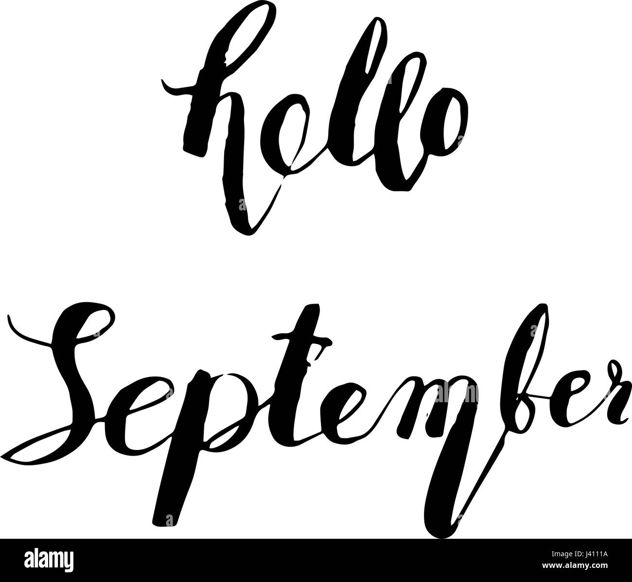 Lettrage d'encre à la main Bonjour Septembre noir isolé sur fond blanc. Calligraphie vecteur de publicité, poster, calendrier, cartes etc. Illustration de Vecteur