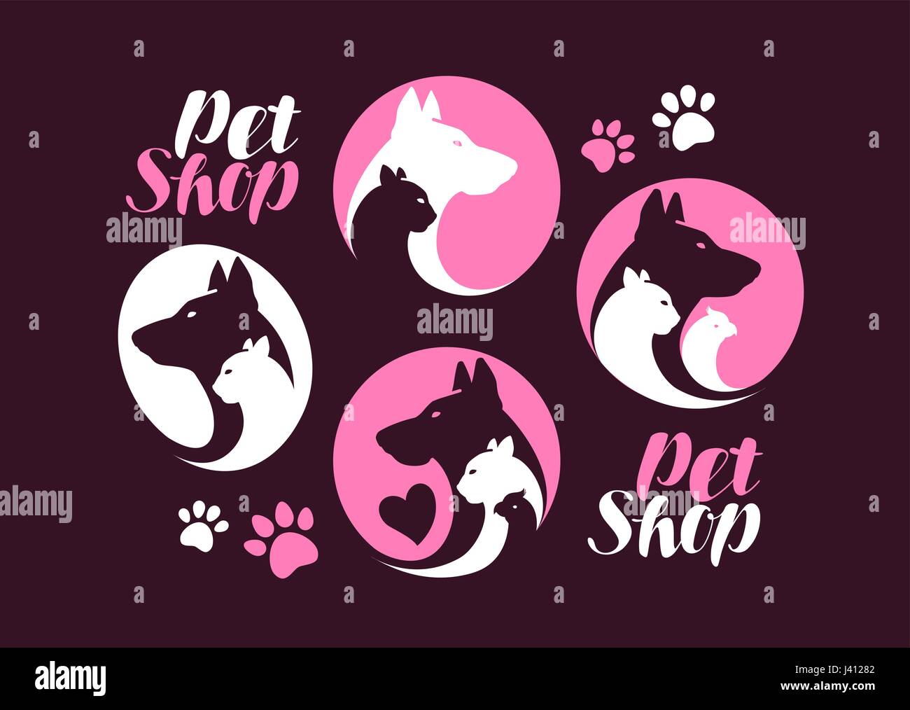Pet Shop, jeu d'étiquettes. Chien, chat, perroquet, icône de l'animal ou d'un logo. Vector illustration Illustration de Vecteur
