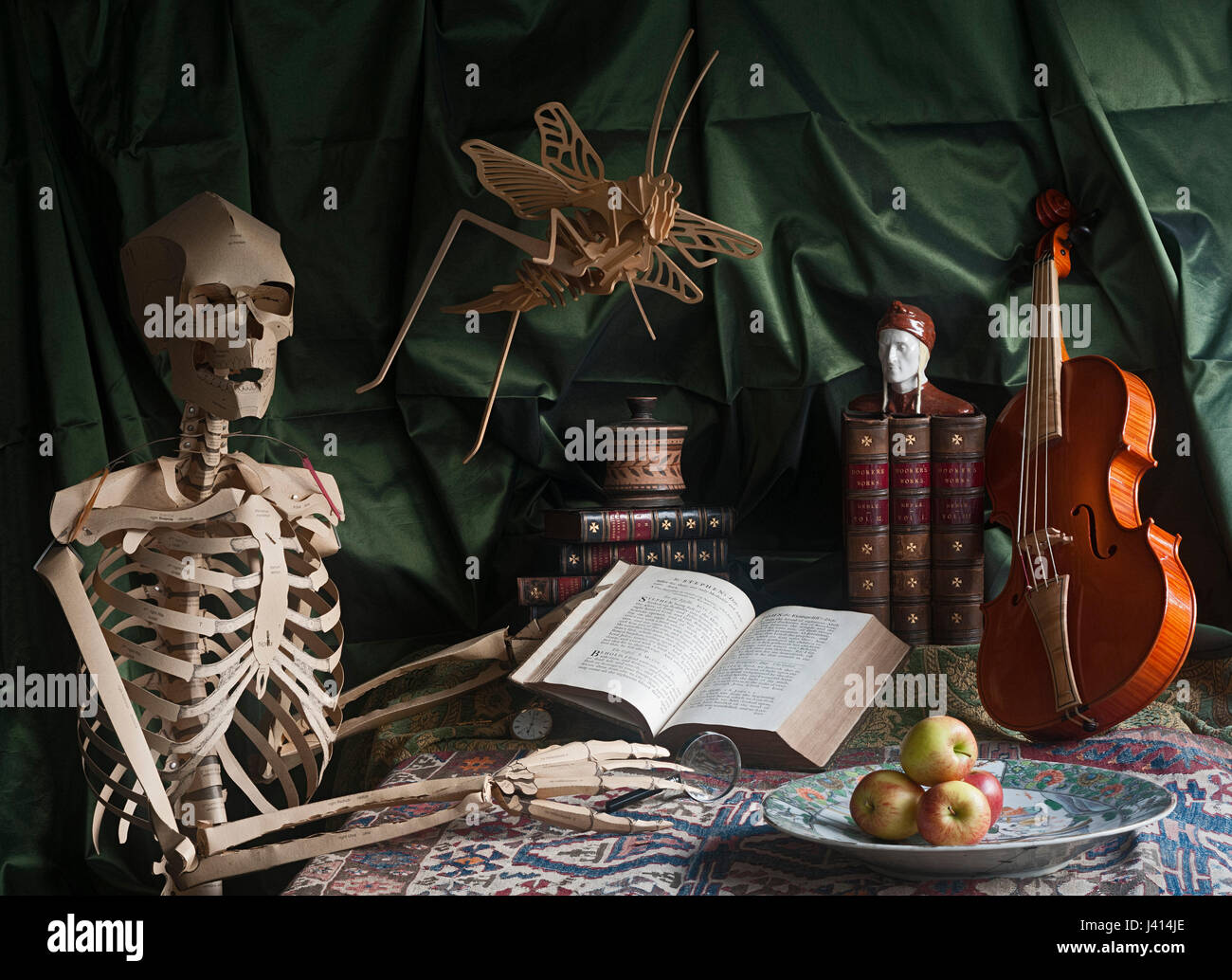 Vanitas still life with skeleton, books, violon, buste de Dante, les pommes sur la plaque Chinoise, montre en or, Baskerville BCP ouvrir à St Stephen's Day. Banque D'Images
