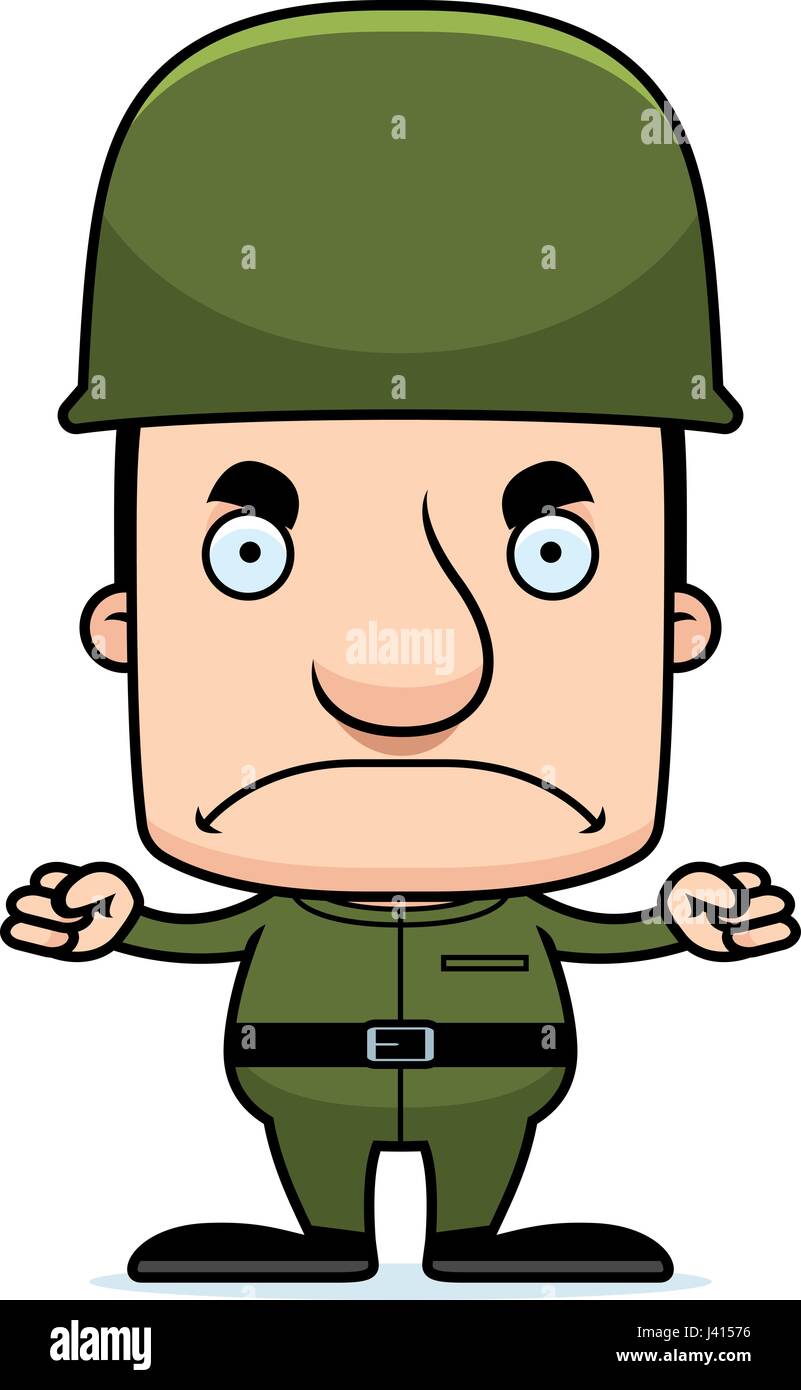 Un soldat à la recherche de l'homme dessin animé en colère. Illustration de Vecteur