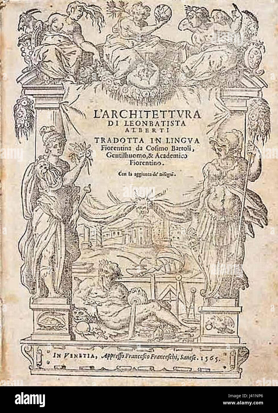 *L'Architettura* de Leon Battista Alberti, publié en 1565, est un ouvrage fondateur sur l'architecture de la Renaissance. Il décrit les principes clés de la conception architecturale, mettant l'accent sur l'harmonie, la proportion et l'ordre classique des colonnes. Le livre a profondément influencé la théorie architecturale dans le monde occidental. Banque D'Images