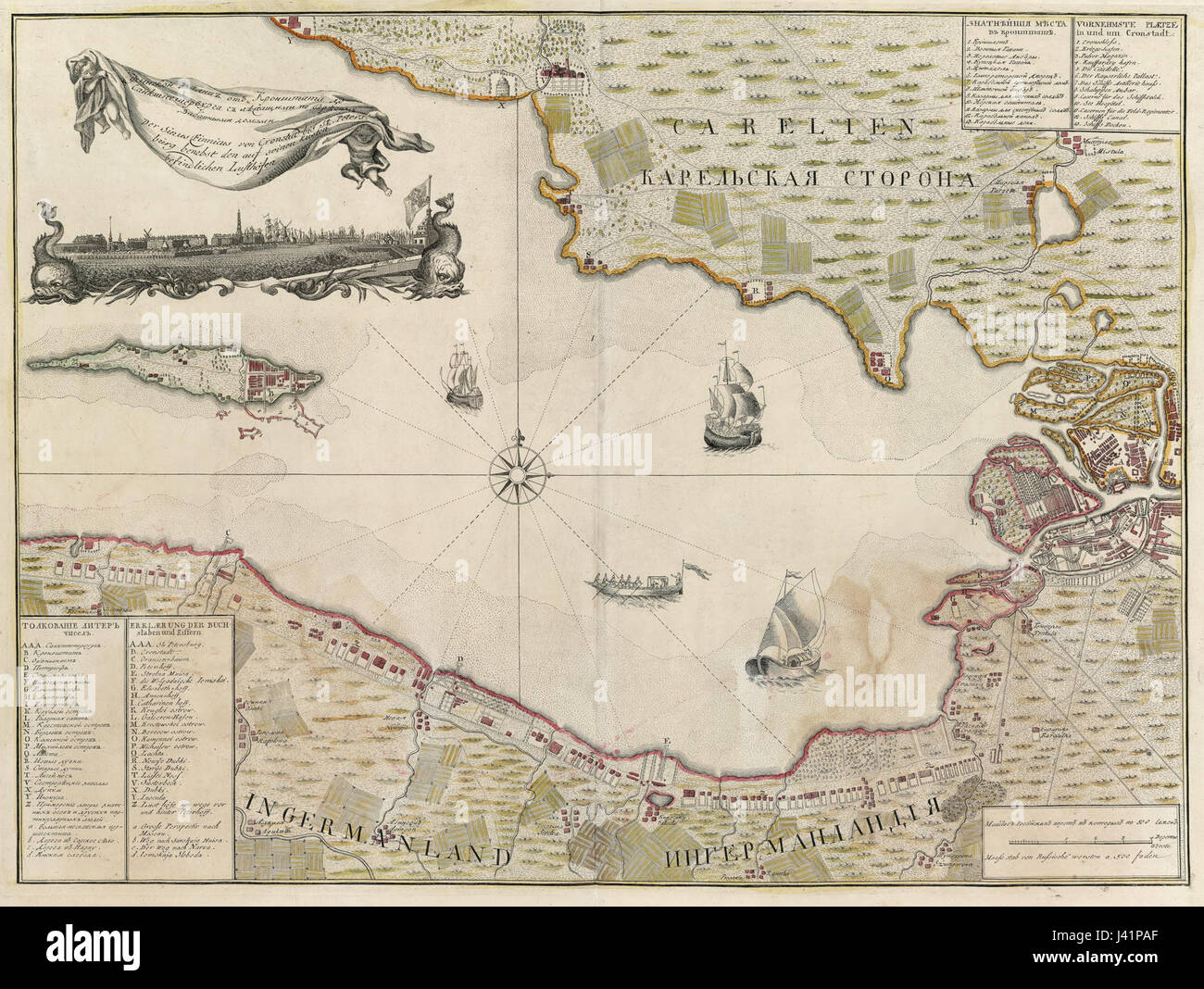 Cette carte du golfe de Finlande, créée dans la première moitié du XVIIIe siècle, offre une vue historique sur le littoral de regionâ€™ et ses environs. Il constitue une ressource importante pour comprendre le paysage géographique et politique de la période, en particulier à l'époque de l'Empire russe et du Royaume suédois. Banque D'Images