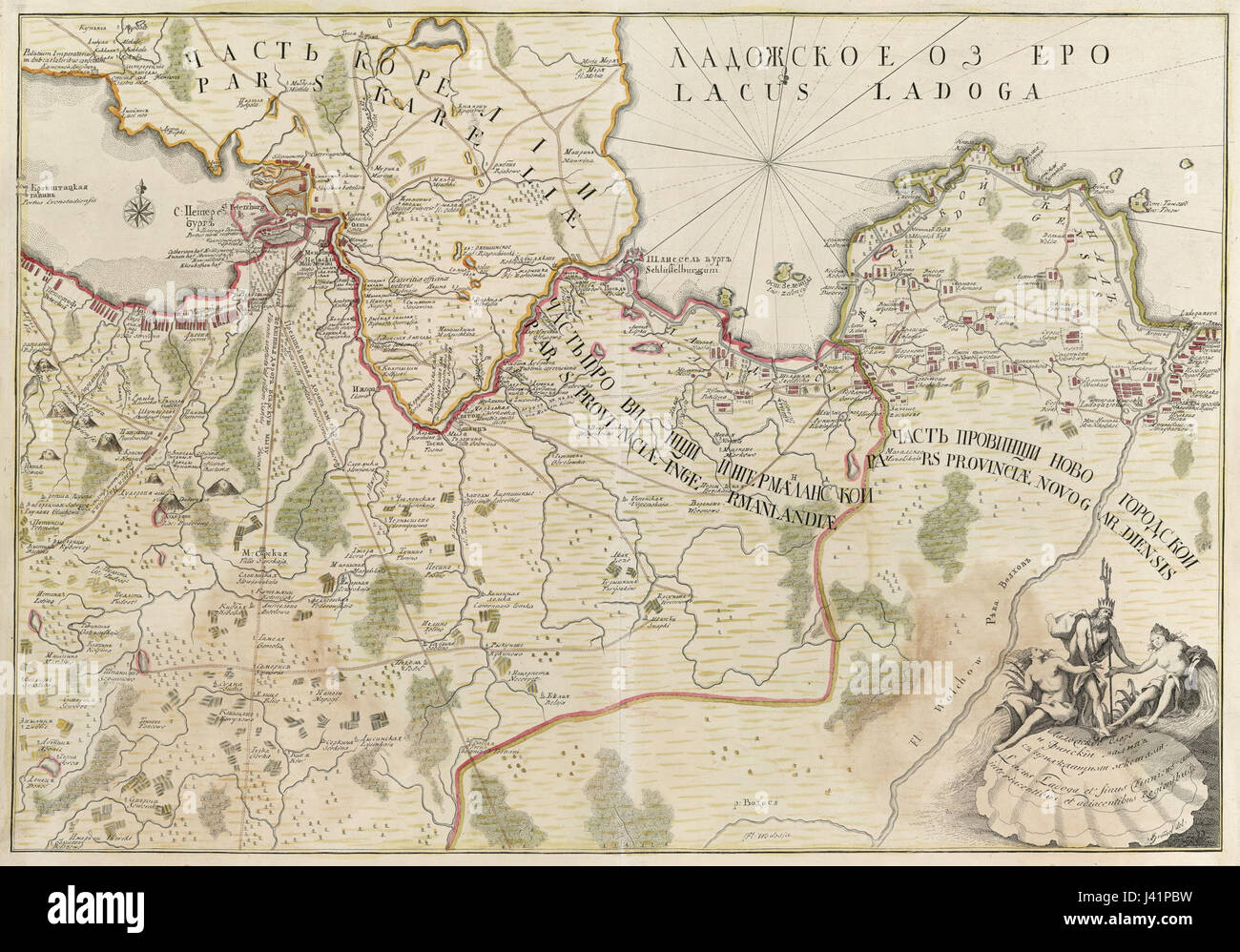 Cette carte, créée par Grimmel, représente le tracé géographique du lac Ladoga et du golfe de Finlande, d'importantes étendues d'eau en Europe du Nord, montrant les zones environnantes et les principaux monuments de la région. Banque D'Images