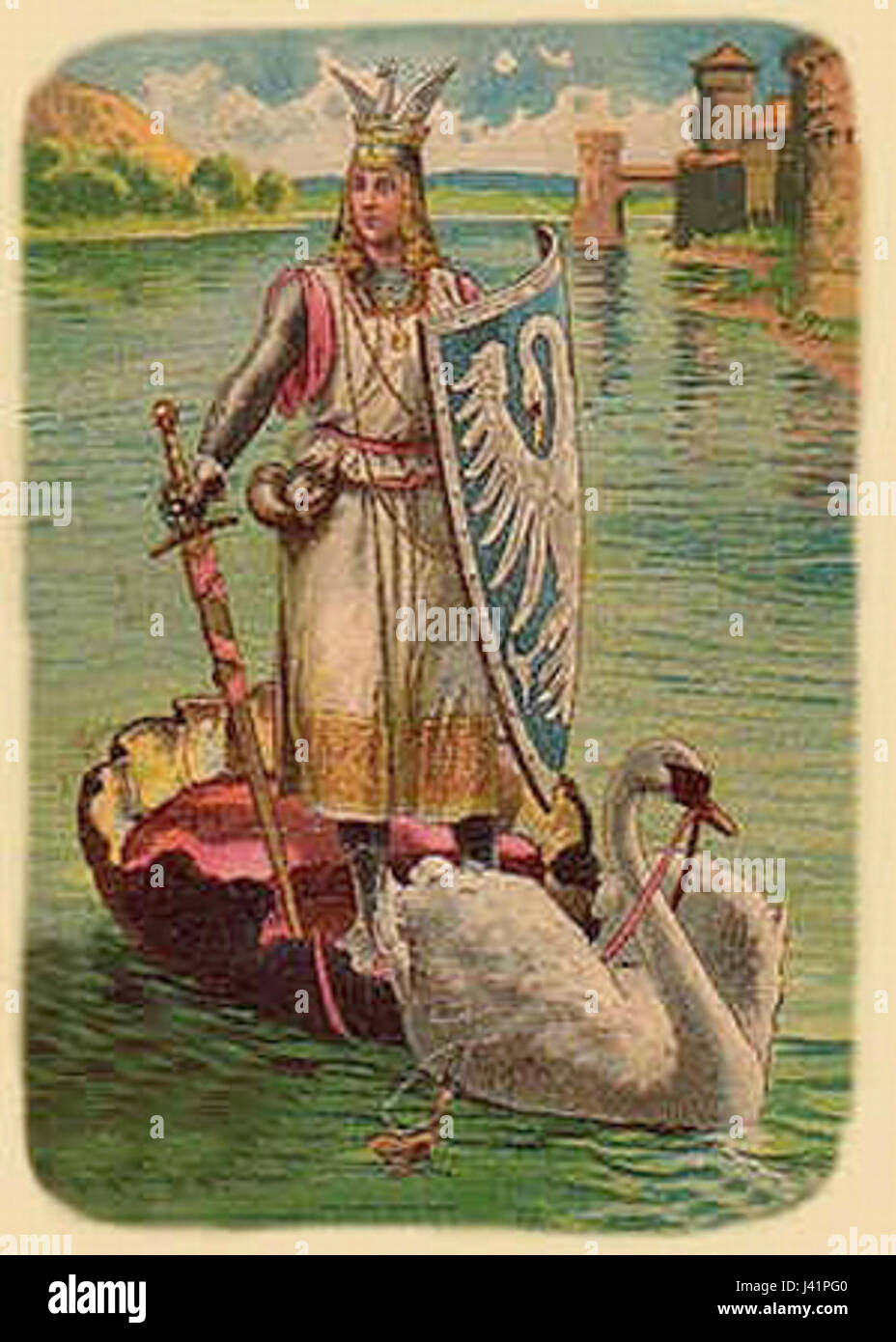Lohengrin fait référence à l'opéra de Richard Wagner, et le titre indique une représentation kitsch ou une interprétation artistique des thèmes ou images de l'opéra, se concentrant peut-être sur des styles artistiques exagérés ou de masse. Banque D'Images