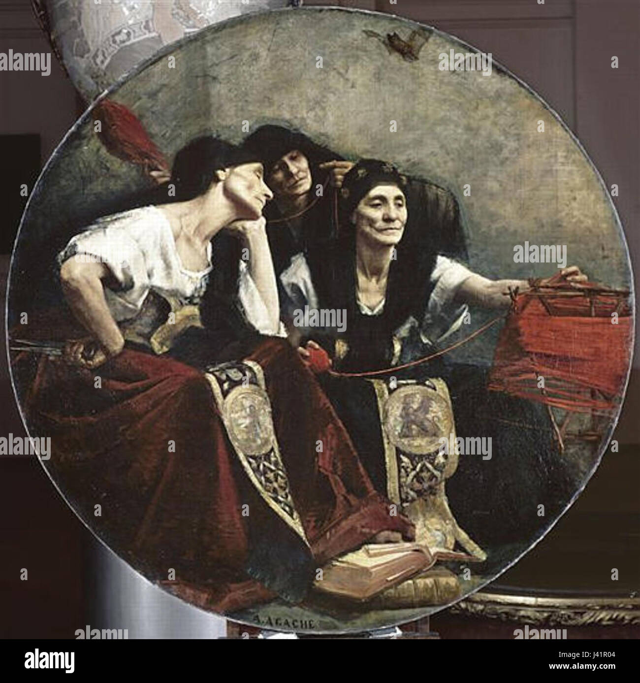 'Les Parques' est un terme français faisant référence à une série de représentations mythologiques des destins, les trois déesses qui contrôlaient le destin humain. Ce sujet est couramment représenté dans l'art et la littérature, symbolisant le destin et la mortalité. Banque D'Images