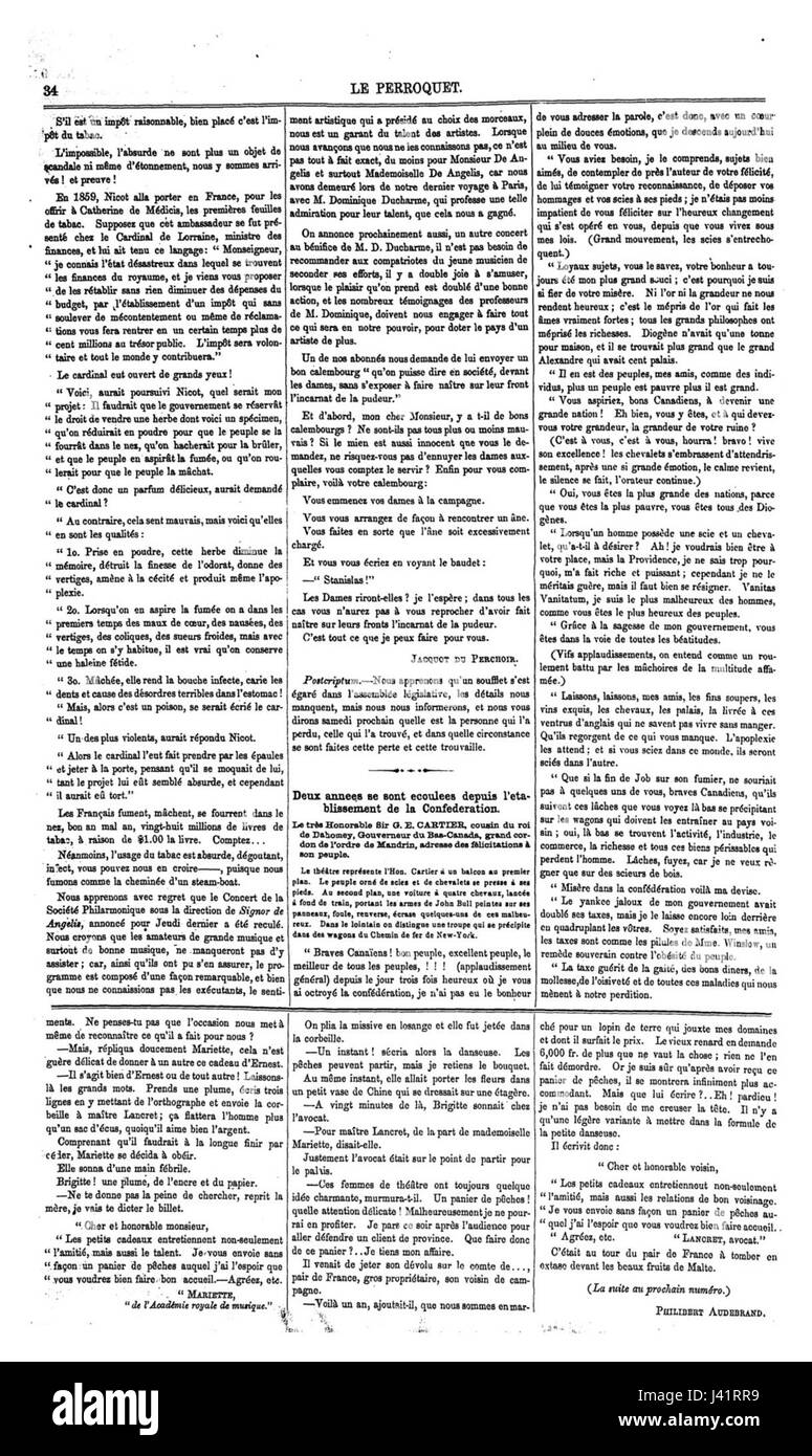 Une référence à la revue ou à la publication 'le perroquet', portant peut-être sur les arts, la culture ou l'actualité au moment de sa publication. Le volume ou le numéro peut offrir un aperçu de la société française du XIXe ou du début du XXe siècle. Banque D'Images