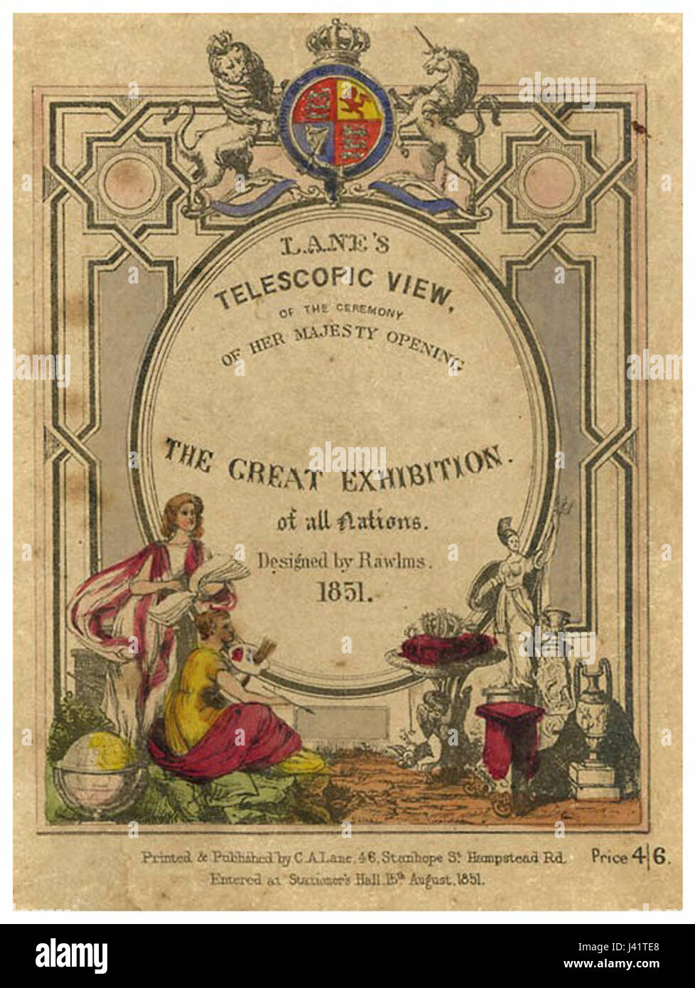 Cette affiche de 1851 représente la Grande exposition qui s'est tenue à Londres, mettant en valeur les progrès de la technologie industrielle, des arts et des sciences. L'événement, organisé par Prince Albert, a été un jalon culturel important de l'époque victorienne, attirant l'attention mondiale et favorisant l'innovation. Banque D'Images