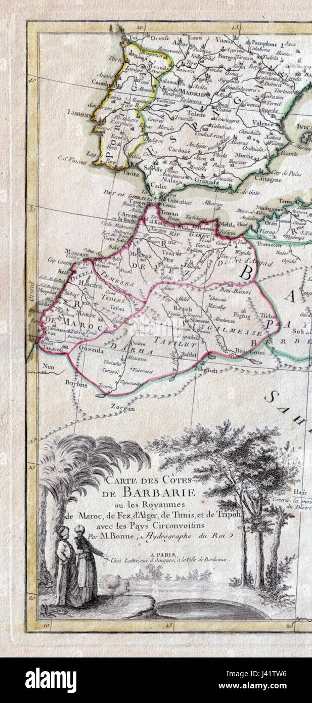 Cette carte, créée en 1783, représente le Maroc et la péninsule ibérique, offrant un aperçu historique précieux de la géographie de ces régions au XVIIIe siècle. Banque D'Images