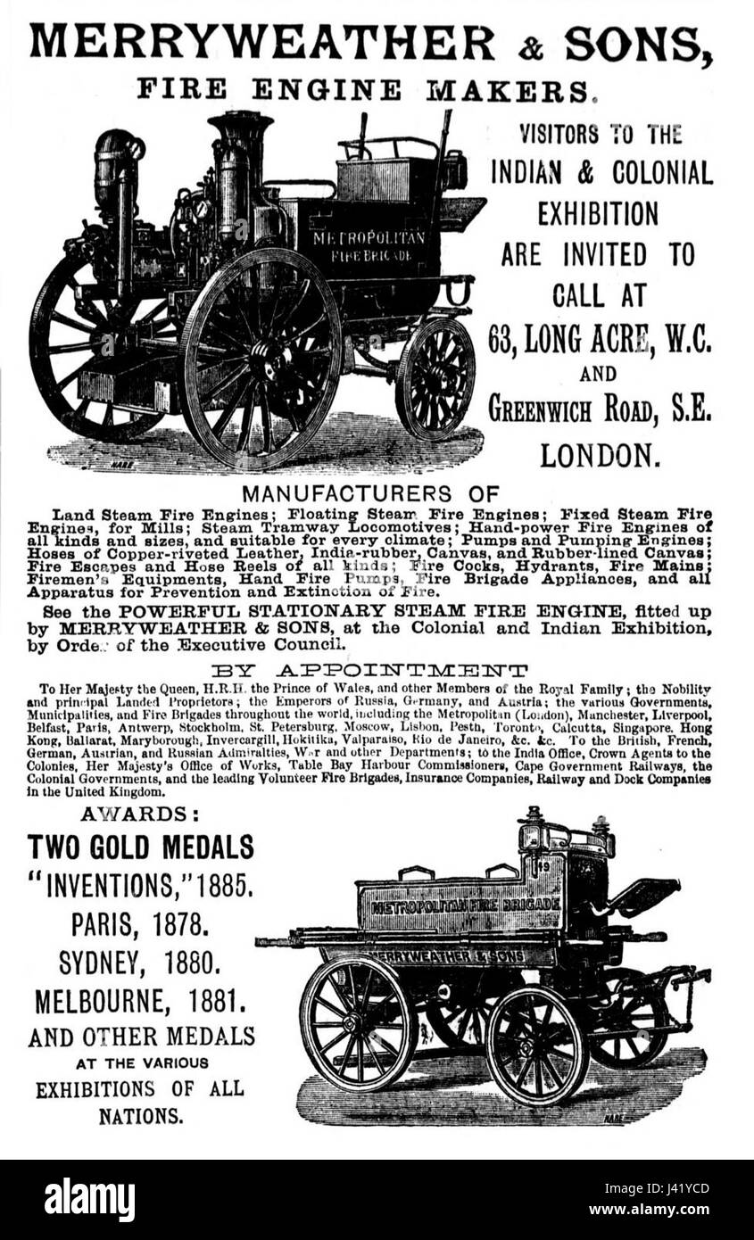 Une image historique d'une machine de pompiers Merryweather, un équipement emblématique de lutte contre l'incendie utilisé au XIXe et au début du XXe siècle, connu pour sa fiabilité et son design. Banque D'Images