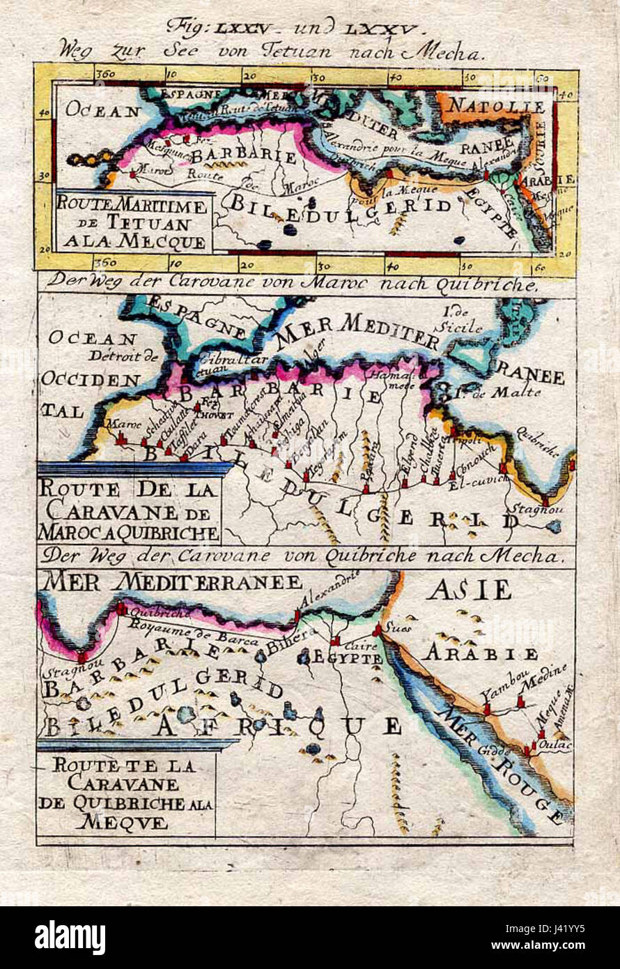 Carte des routes caravanières à La Mecque, 1683 Banque D'Images