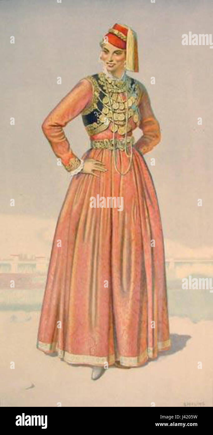 Une représentation du costume traditionnel macédonien grec de Kastoria, mettant en valeur les vêtements régionaux et le patrimoine culturel de la Grèce. Banque D'Images