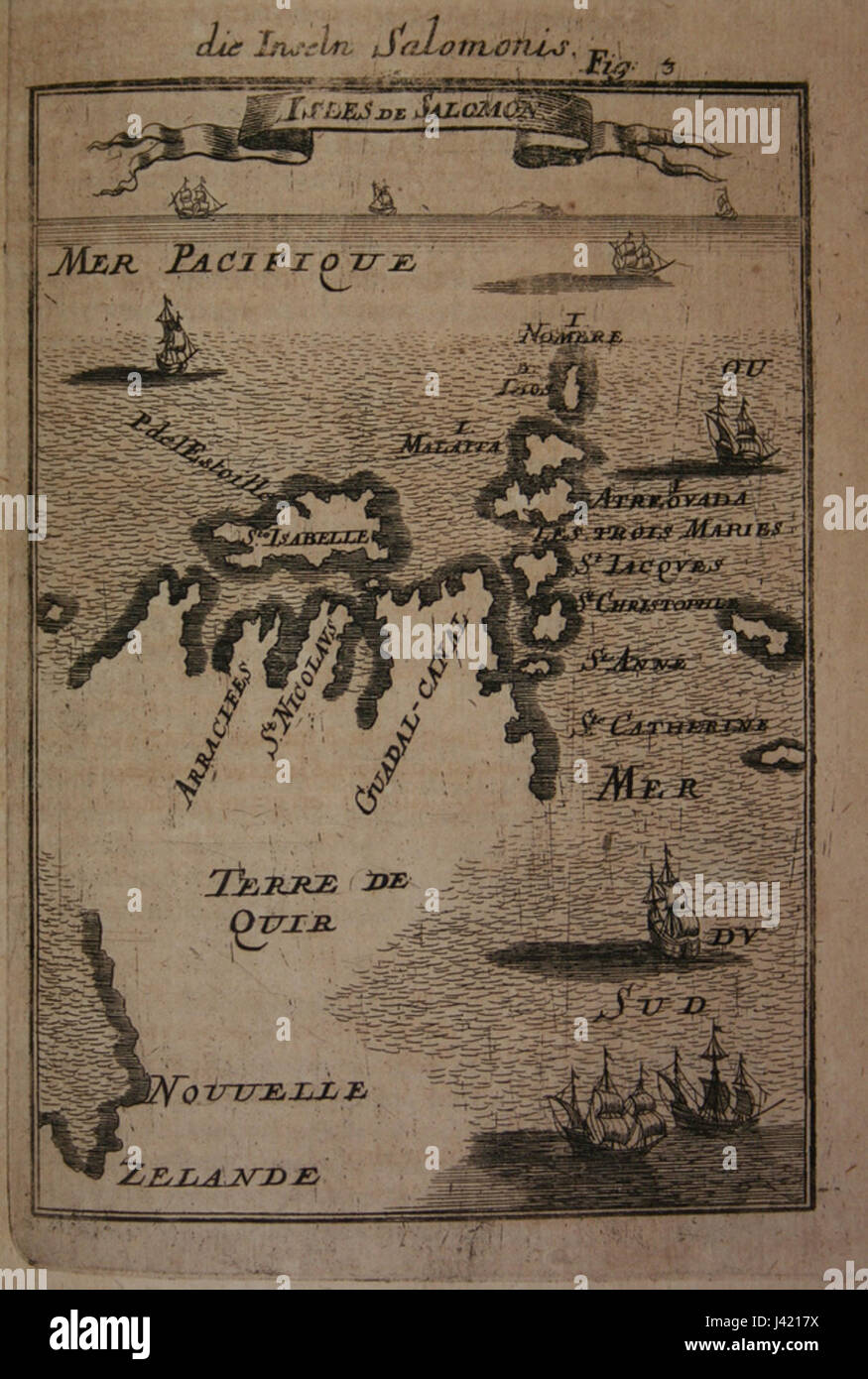 Cette carte de 1685 des Îles Salomon fournit une vue géographique détaillée de la région. Il reflète les connaissances et l'exploration de l'époque, offrant un aperçu de la cartographie précoce des îles du Pacifique Sud. Banque D'Images