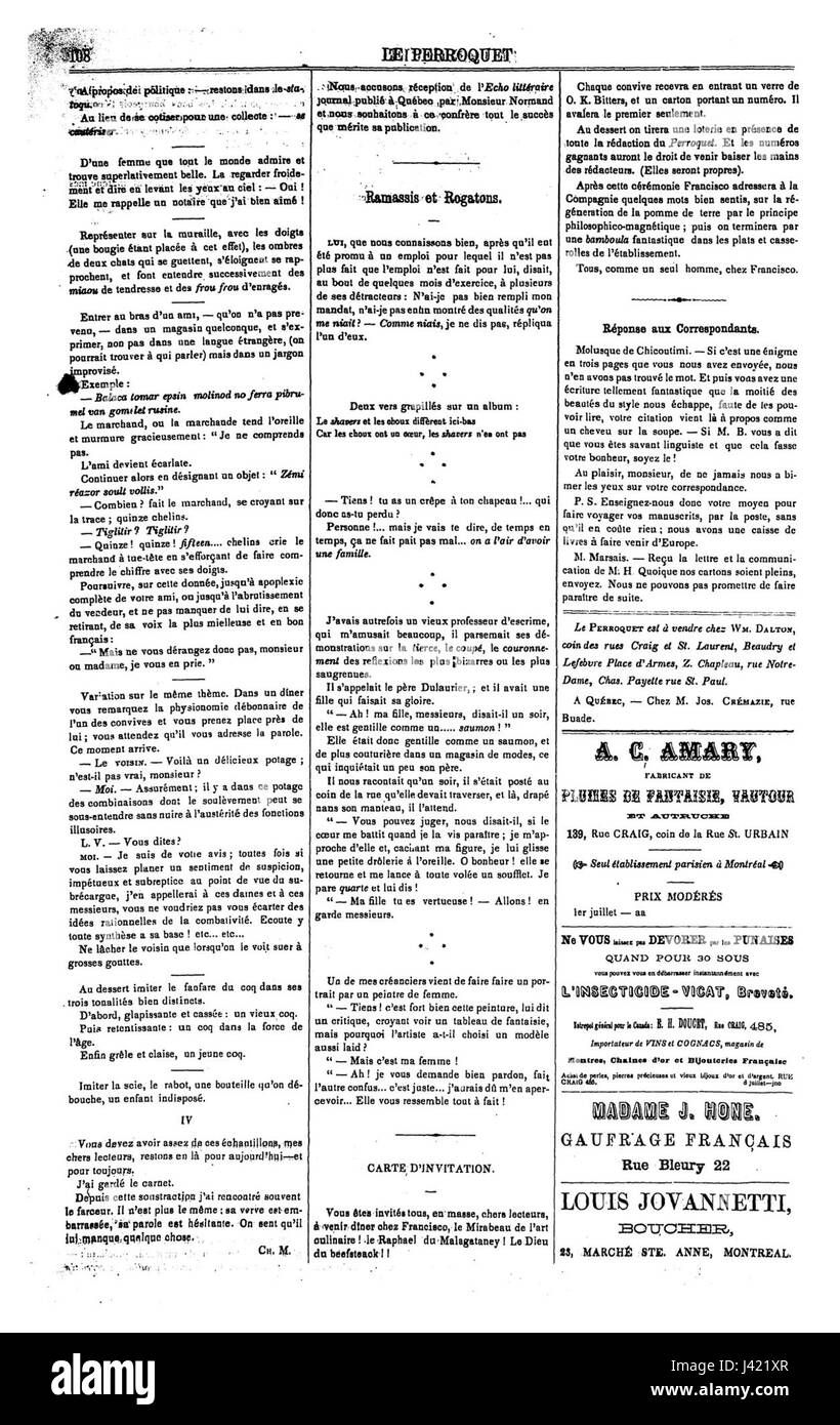 'Le perroquet' était un magazine littéraire français, et le numéro 27, page 4, contient probablement une histoire ou un article. Il était connu pour son mélange d'illustrations et de contenus écrits, populaire dans la culture française du XIXe siècle. Banque D'Images