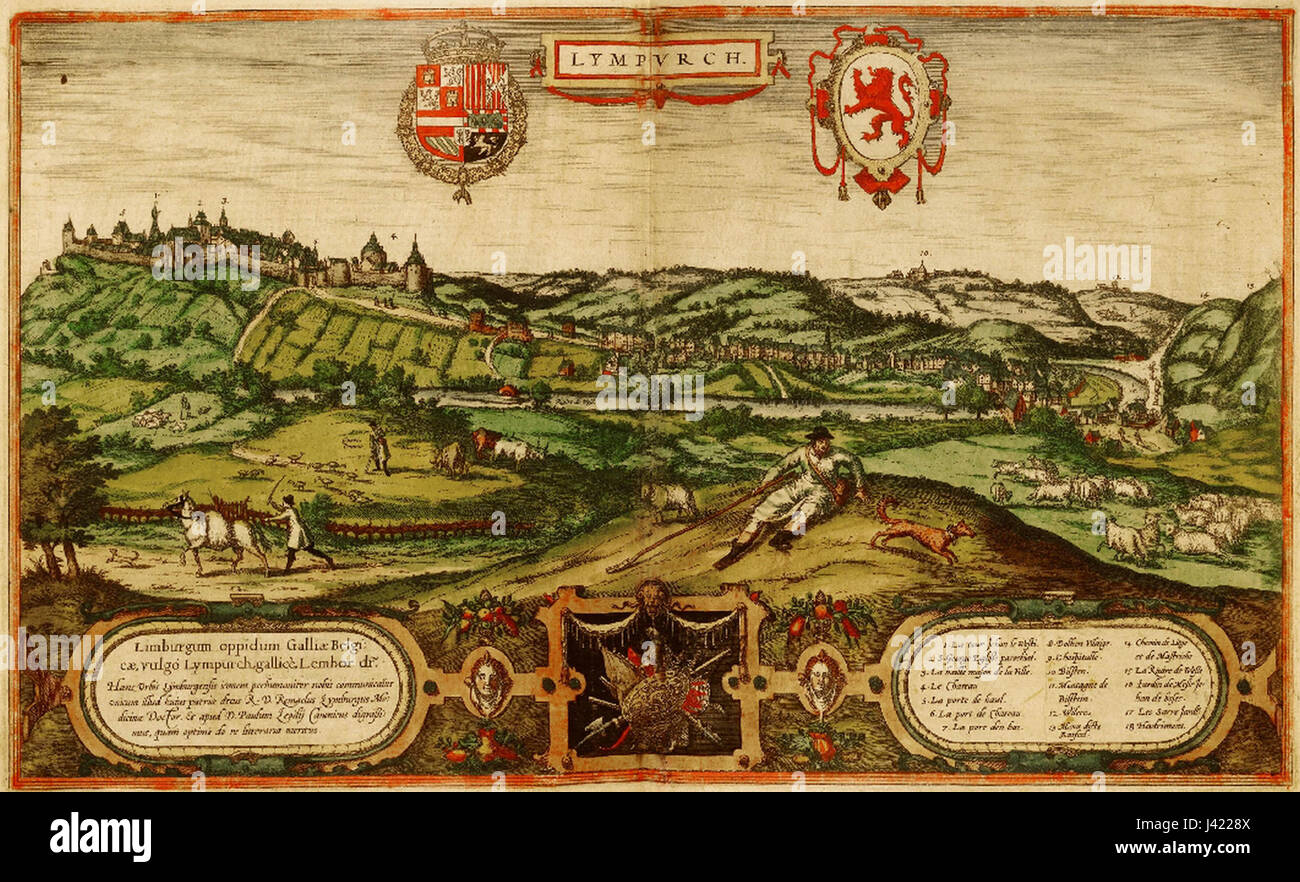 Cette carte de 'Civitatis Orbis Terrarum', publiée en 1575, présente une représentation détaillée de la ville de Limbourg. Il constitue un exemple important de l'histoire cartographique, mettant en valeur l'urbanisme et les caractéristiques géographiques. Banque D'Images