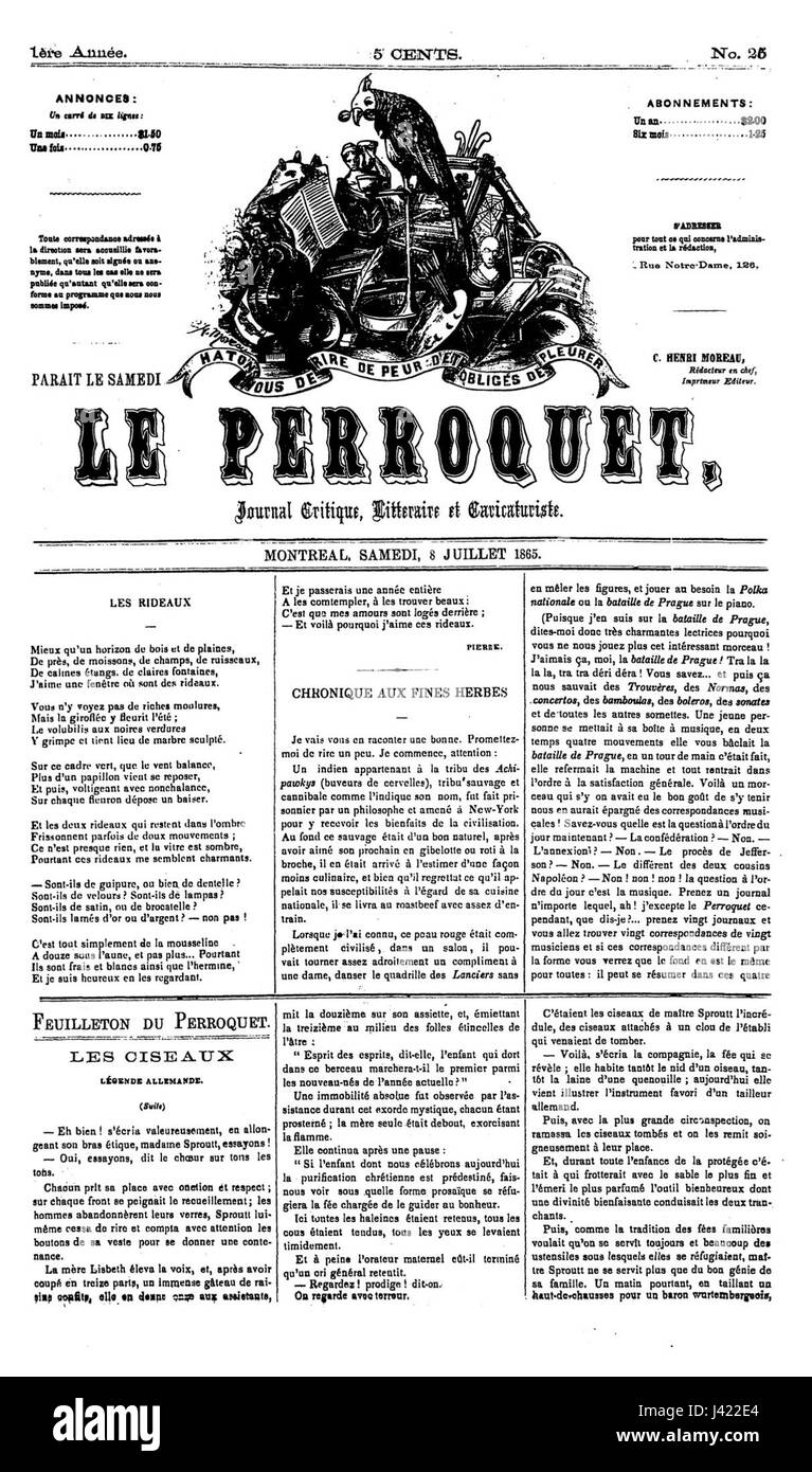 Le perroquet était un périodique français connu pour son contenu satirique et ses commentaires politiques. Ce numéro, numéro 25, présente des illustrations et des discussions sur les événements contemporains et les questions sociales de son époque. Banque D'Images