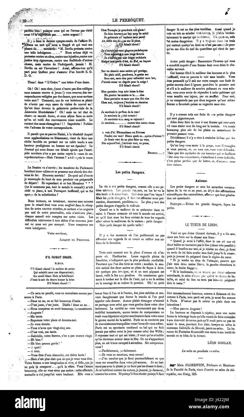 'Le perroquet' est une publication historique, souvent axée sur les arts, la culture et la société au cours des XVIIIe et XIXe siècles. Ce numéro spécifique de la page 26 explore des aspects de la vie culturelle, réfléchissant sur les mouvements intellectuels de l'époque. Banque D'Images