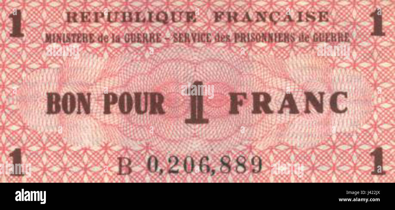 Cette image montre la face avant d'un Lagergeld (argent de camp) émis en France, utilisé pendant la première et la seconde Guerre mondiale pour les soldats dans les camps. Ces billets n'avaient pas cours légal, mais servaient de monnaie à utiliser dans les camps militaires et les prisons. Banque D'Images