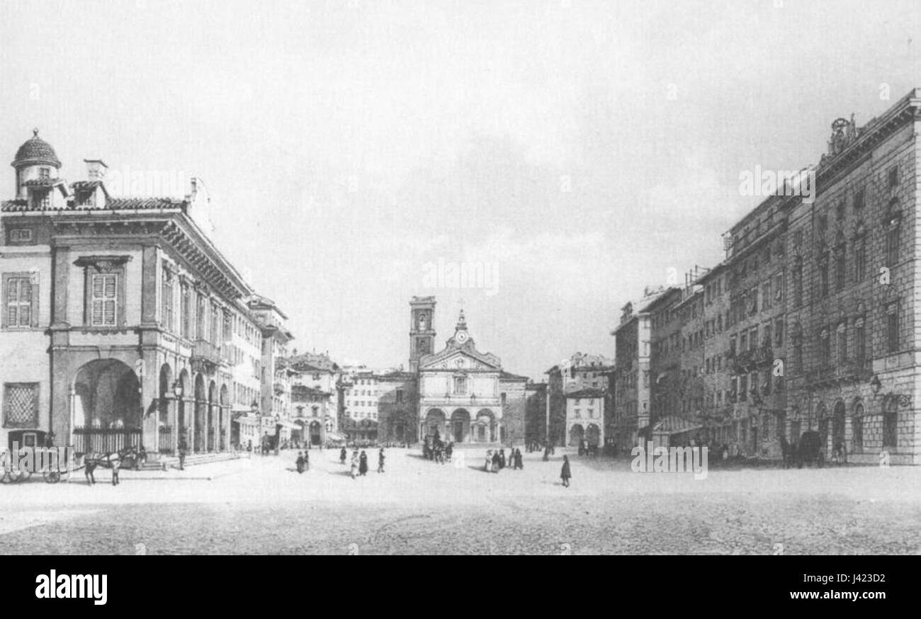 La Piazza Grande de Livourne au 19ème siècle était un centre central pour le commerce, la culture et l'interaction sociale dans la ville portuaire italienne de Livourne. Cette place publique reflète le dynamisme architectural et social de l’époque. Banque D'Images