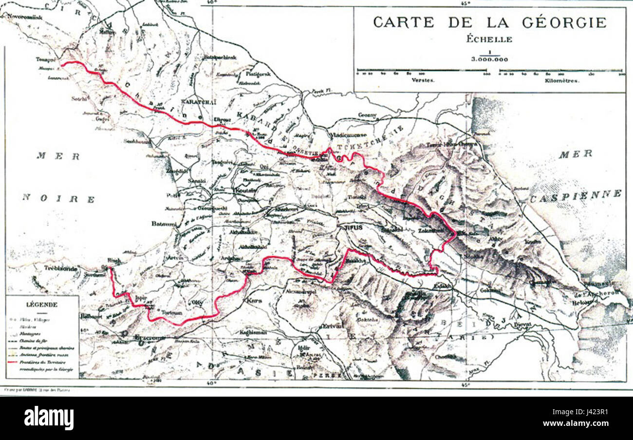 Cette carte de 1919 illustre les frontières et la géographie du pays de Géorgie, représentant probablement les changements territoriaux post-guerre ou le paysage de la région au début du XXe siècle. Banque D'Images