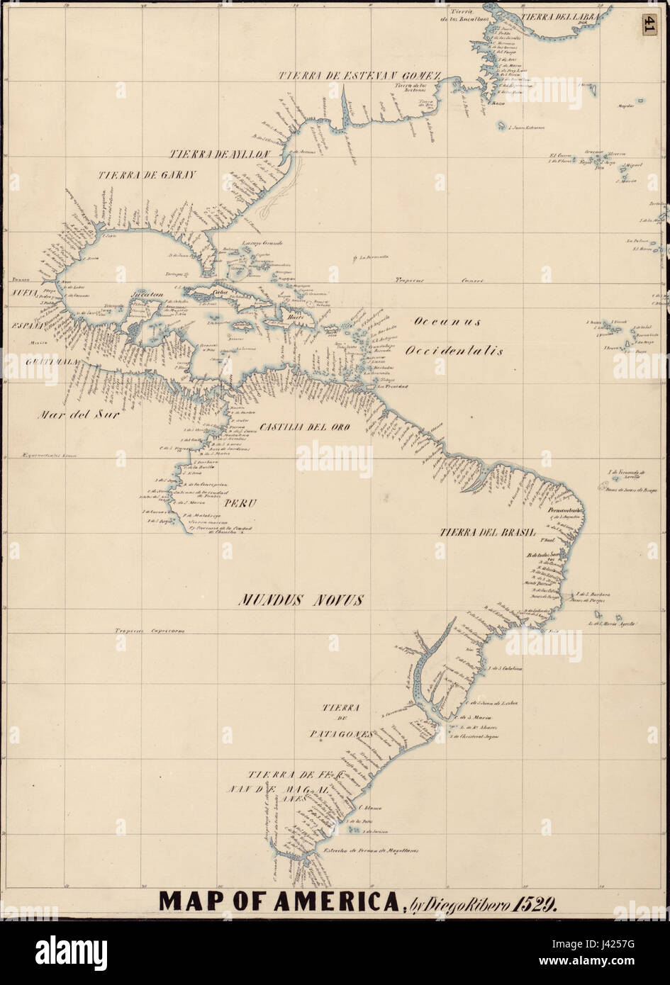 Cette carte de l'Amérique de Ribero, datant de 1529, représente la cartographie européenne des Amériques. Il fournit un aperçu historique de la connaissance et de la compréhension territoriale du Nouveau monde au début du XVIe siècle. Banque D'Images