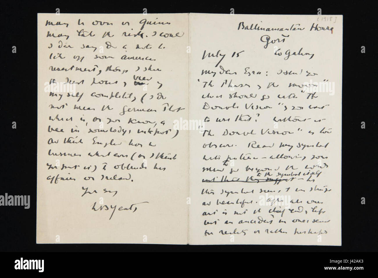 Lettre de W B Yeats à Ezra Pound Juillet 1918 Banque D'Images