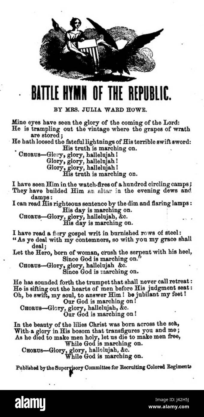 La feuille de paroles de 'Battle Hymn', une chanson patriotique américaine populaire écrite au XIXe siècle. Il est devenu un hymne pendant la guerre de Sécession et reste un symbole de l'histoire américaine, connu pour ses paroles puissantes et son association avec l'esprit militaire et la fierté nationale. Banque D'Images