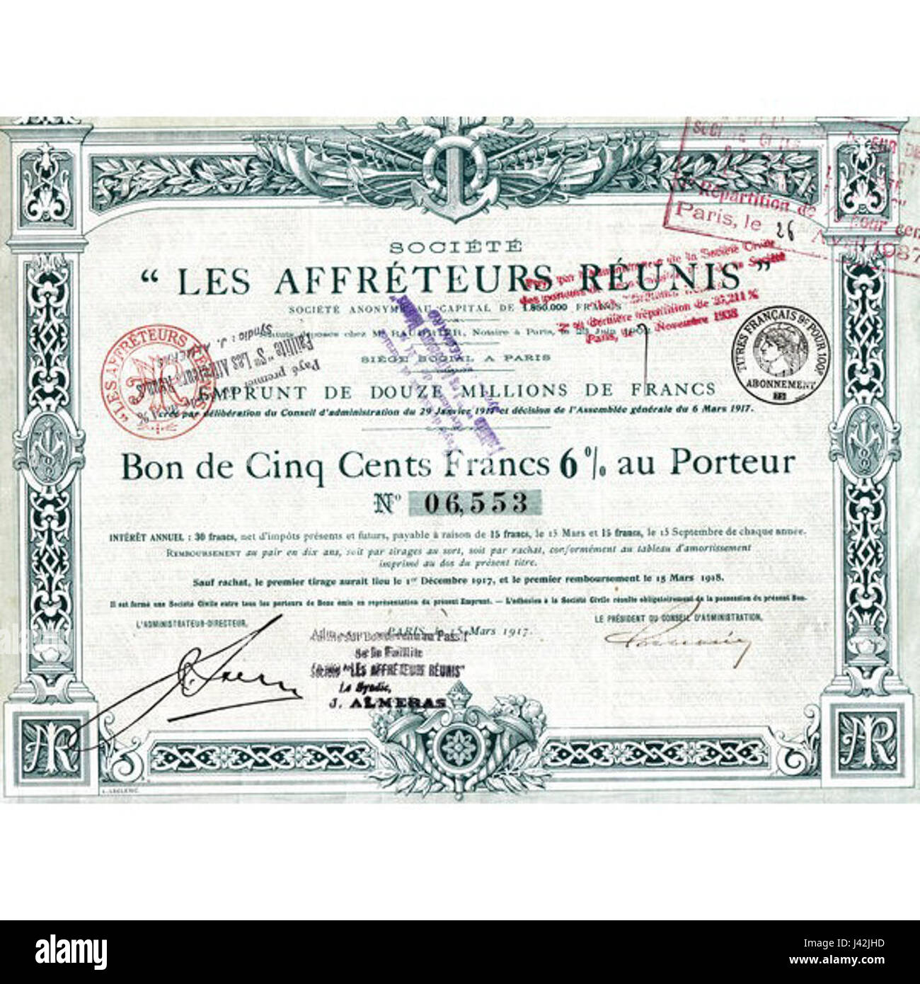 'Les affreteurs reunis' est une publication de 1917 liée au domaine de la navigation maritime, se concentrant plus particulièrement sur les opérateurs de fret et l'activité d'affrètement de navires. Il faisait partie d'une analyse économique et commerciale plus large pendant la première Guerre mondiale Banque D'Images