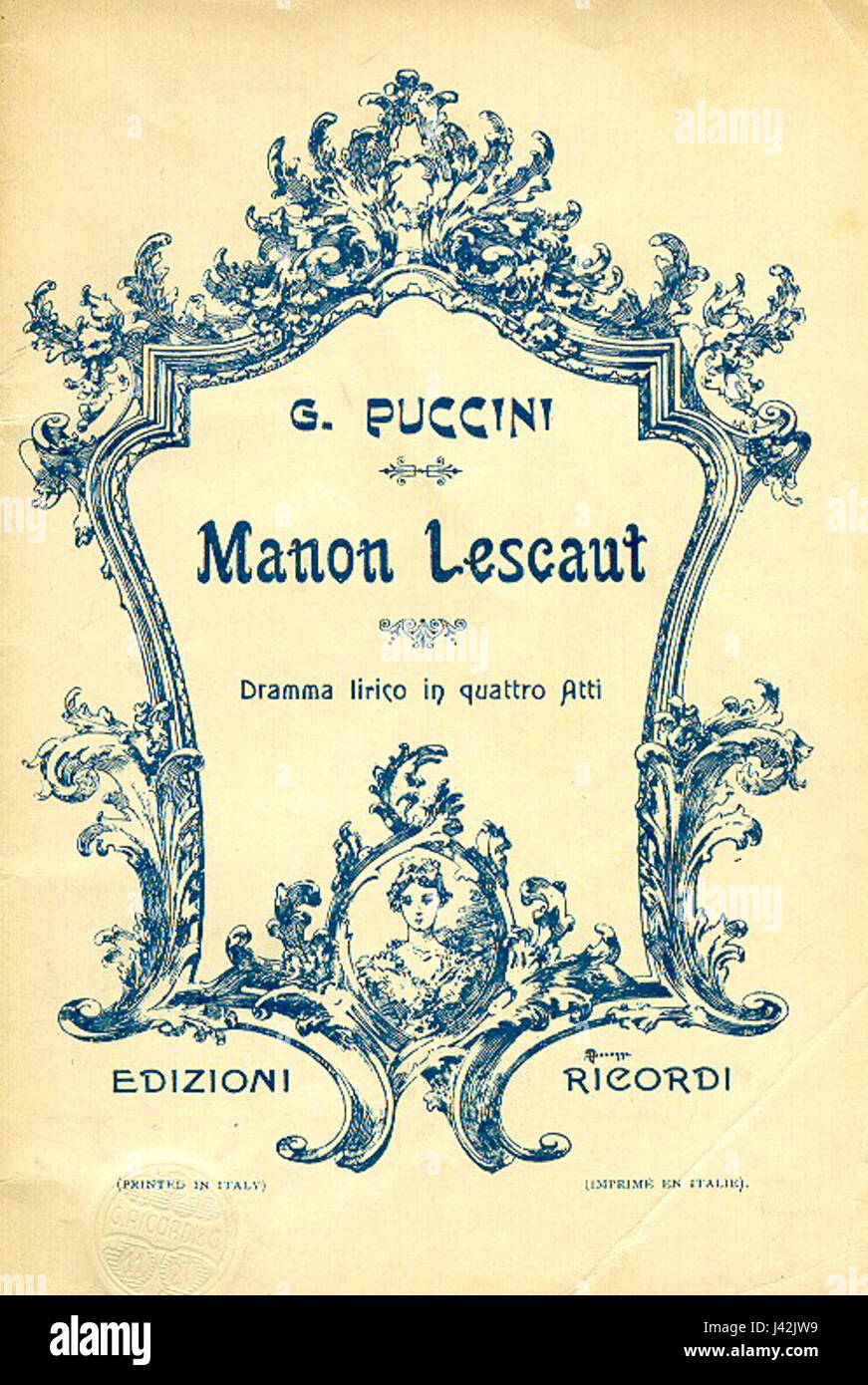 Le livret de 'Manon Lescaut' est le texte utilisé dans l'opéra, basé sur le roman de AbbÃ© PrÃ©vost. L’opéra, composé par Giacomo Puccini, raconte l’histoire tragique de Manon, une jeune femme tiraillée entre amour et matérialisme. Banque D'Images