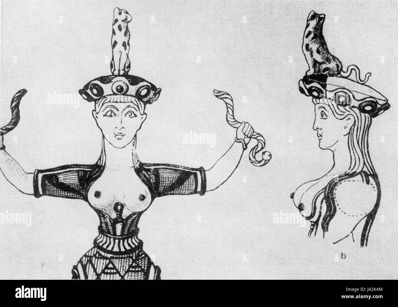 Cette image représente une prêtresse minoenne de Knossos, datant d'environ 1600 av. J.-C.. La prêtresse est représentée portant un chapeau en peau de léopard, un symbole de pouvoir et de révérence dans l'ancienne culture minoenne, mettant en évidence les pratiques religieuses et les vêtements cérémoniels de l'époque. Banque D'Images