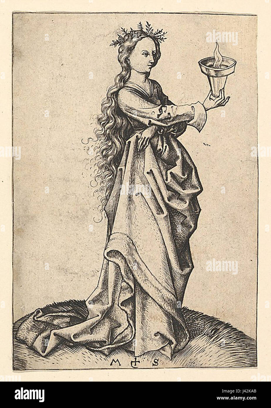Die dritte Kluge Jungfrau (la troisième Vierge sage) de Martin Schongauer est une gravure du XVe siècle représentant un thème religieux ou mythologique. La technique et la gravure détaillée de Schongauer soulignent la maîtrise artistique de l'époque. Banque D'Images