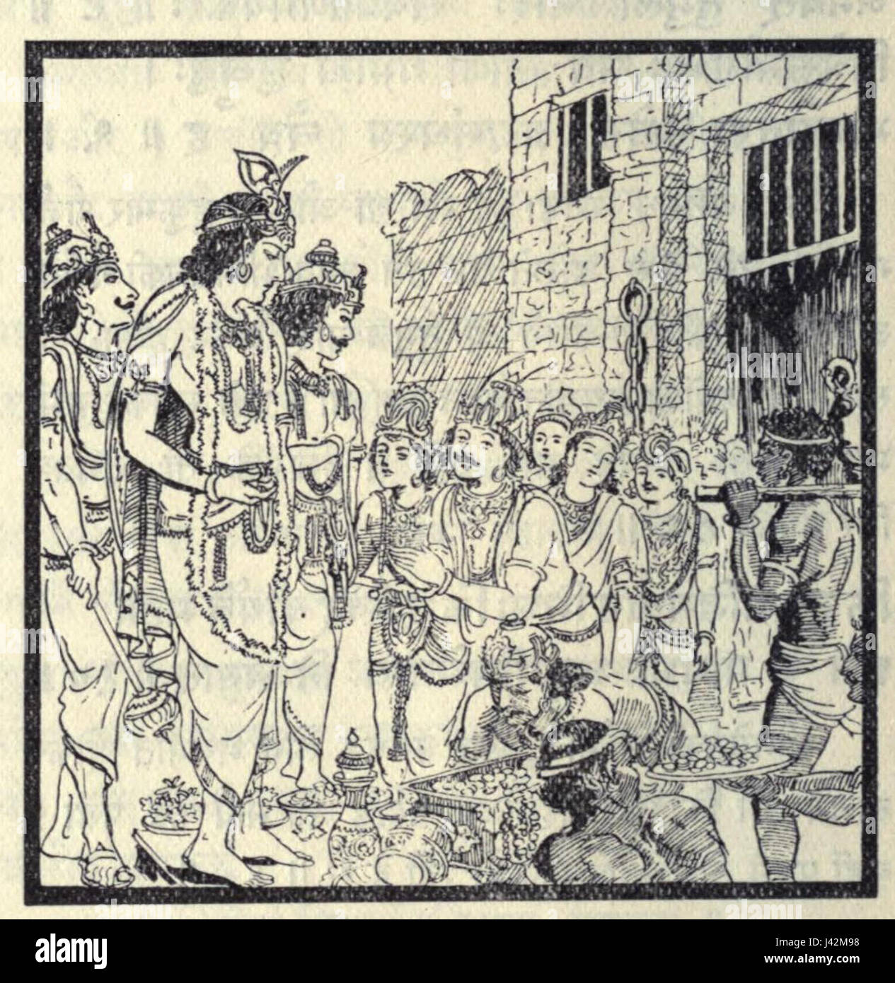 Ce titre fait référence à une scène mythologique ou religieuse, probablement de tradition hindoue, où les divinités Krishna et Arjuna sont représentées comme sauvant les rois de l'emprisonnement. Cet événement est souvent considéré comme un symbole de l’intervention divine et de la justice. Banque D'Images