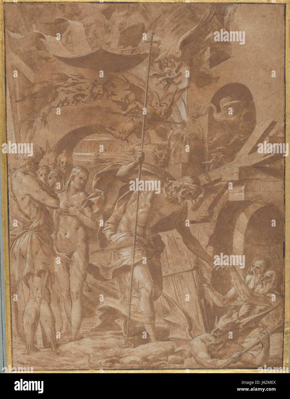 La peinture de Luca Penni « Christ in Limbo » représente la descente du Christ dans les Limbes, un concept théologique où les âmes des justes morts avant la résurrection du Christ attendaient le salut. Cette œuvre mêle style Renaissance à des thèmes religieux. Banque D'Images