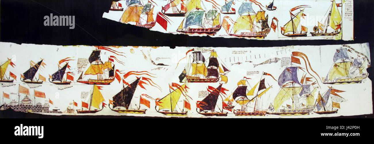 Un rouleau historique représentant des navires marathes, illustrant les pratiques maritimes et l'histoire navale dans l'Empire maratha au cours des XVIIe et XVIIIe siècles. Banque D'Images