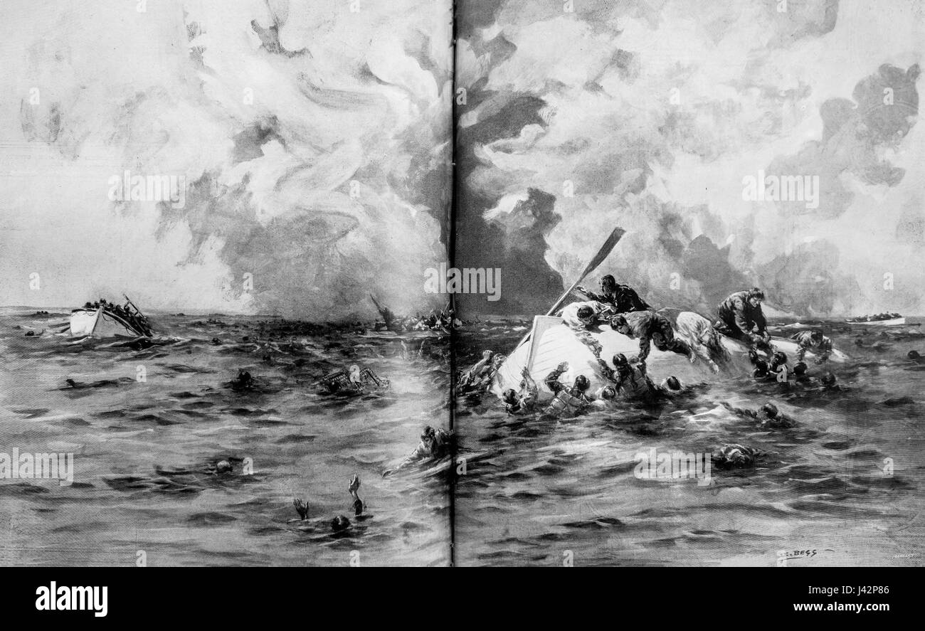 Une illustration historique représentant les canots de sauvetage du RMS Lusitania, mettant en évidence les dispositions des canots de sauvetage du navire pendant son voyage fatidique, comme en témoigne un reportage basé à Londres. Banque D'Images
