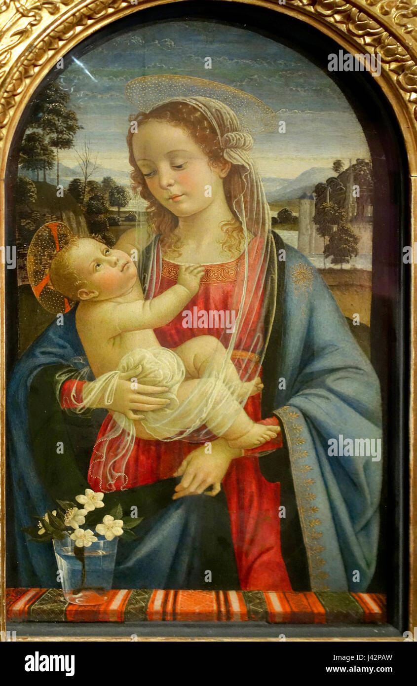La Vierge Églantine de Mainardi est une peinture religieuse exposée à Lille, mettant en valeur une représentation de la Vierge Marie avec un accent sur l'élégance et la grâce. L'œuvre illustre l'art religieux de la Renaissance avec une composition détaillée et des éléments symboliques. Banque D'Images