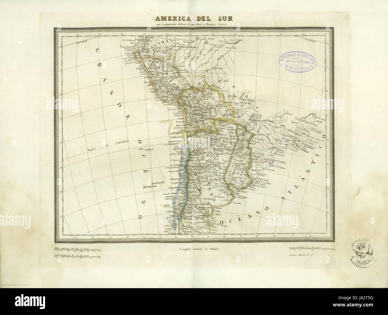 Cette carte de Pablo Alabern présente une représentation géographique de l'Amérique du Sud, détaillant les pays, les villes et les caractéristiques topographiques de la région au cours de la période où elle a été créée. Banque D'Images