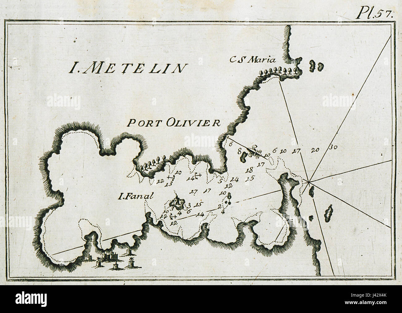 Carte de la baie de Geras près de Mytilène à Lesbos, en partie tracer les eaux à l'entrée du golfe Roux Joseph 1804 Banque D'Images